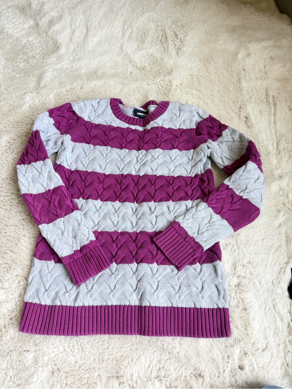 LANDS' END Drifter Women's Purple and Light Gray Striped Cable Knit Sweater